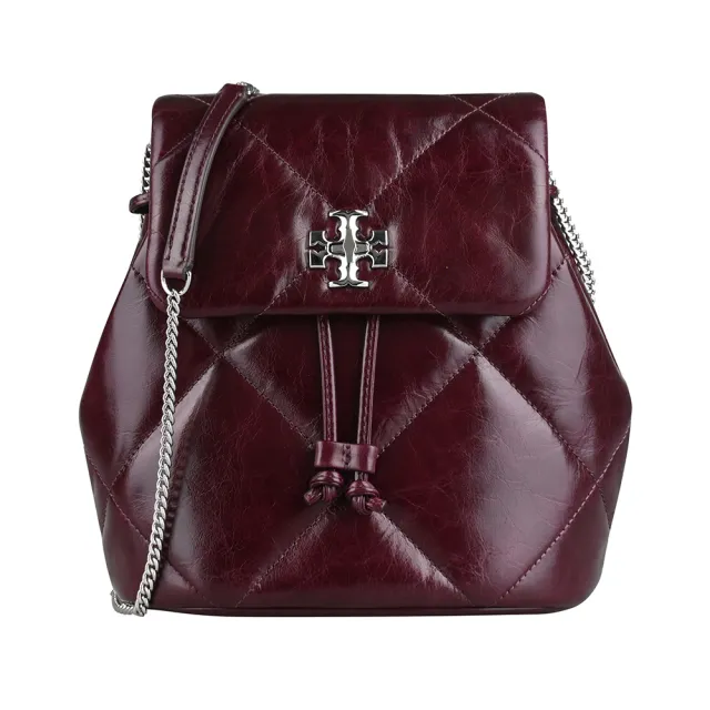 【TORY BURCH】TORY BURCH精品仿舊設計菱格旋扣斜背後背兩用包(迷你/深酒紅)