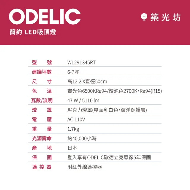 【ODELIC】歐德立克 6-7坪 47W 經典款 日本製 LED 調光調色 吸頂燈(WL291345RT Ra94 超高演色性)