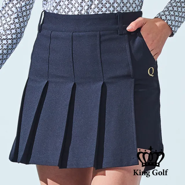 【KING GOLF】網路獨家單特-女款素色百摺不規則剪接高爾夫球運動短裙-黑色