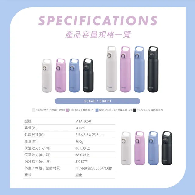 【TIGER 虎牌】雙層不鏽鋼保溫瓶500ml(MTA-J050彈蓋真空/輕量手提/保溫保冰/mo獨家)