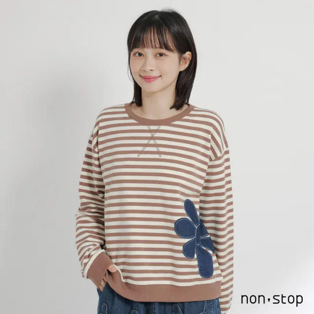 【non-stop】花朵貼布條紋圓領T恤-2色