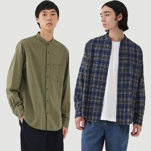 【MUJI 無印良品】男雙面起毛法蘭絨立領長袖襯衫(柔白/卡其/深藍/棕色/淺綠格紋/藍格紋/暗藍直紋/淺棕直紋)