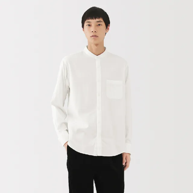 【MUJI 無印良品】男雙面起毛法蘭絨立領長袖襯衫(柔白/卡其/深藍/棕色/淺綠格紋/藍格紋/暗藍直紋/淺棕直紋)