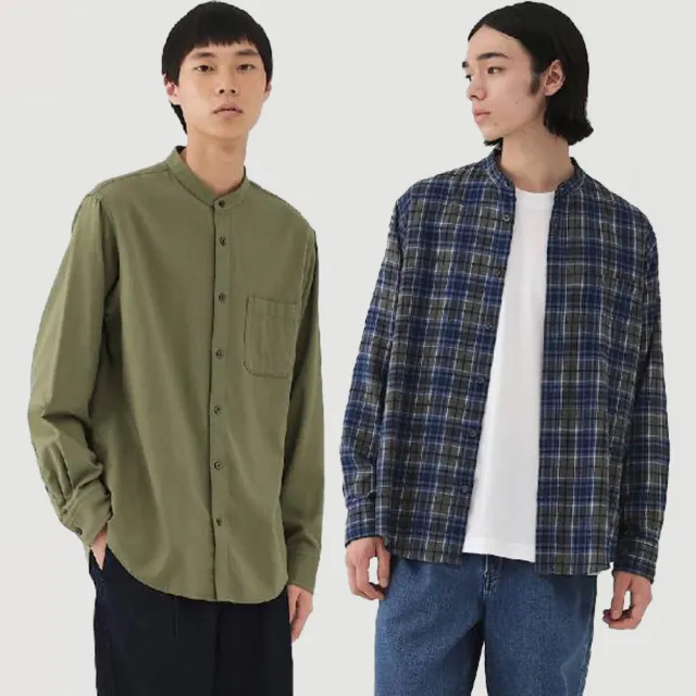 【MUJI 無印良品】男雙面起毛法蘭絨立領長袖襯衫(柔白/卡其/深藍/棕色/淺綠格紋/藍格紋/暗藍直紋/淺棕直紋)