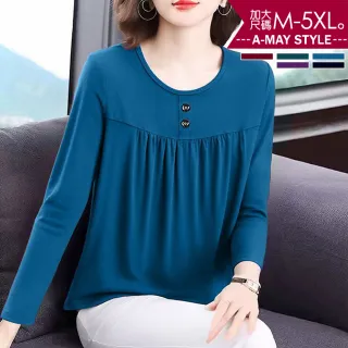 【Amay Style 艾美時尚】秋新品 中大尺碼女裝 T恤 簡約圓領抓皺顯瘦感長袖上衣。M-5XL(5色.預購)
