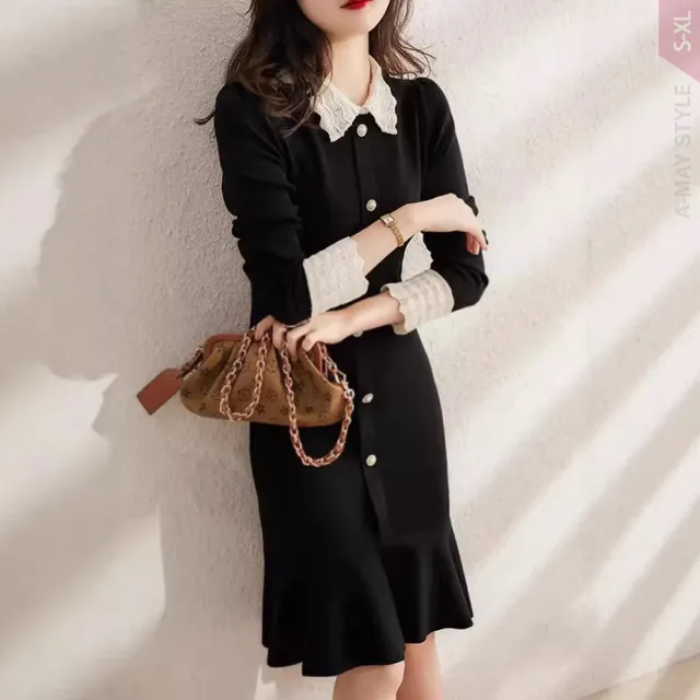 【Amay Style 艾美時尚】秋新品 中大尺碼女裝 連身裙 小香風優雅花邊領撞色拼接針織洋裝。S-XL(黑.預購)