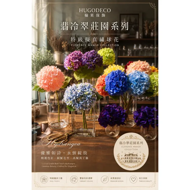 【HUGO DECO 榆果傢飾】特級擬真翡冷翠繡球花 青沐翠綠色 (進口擬真繡球花材)