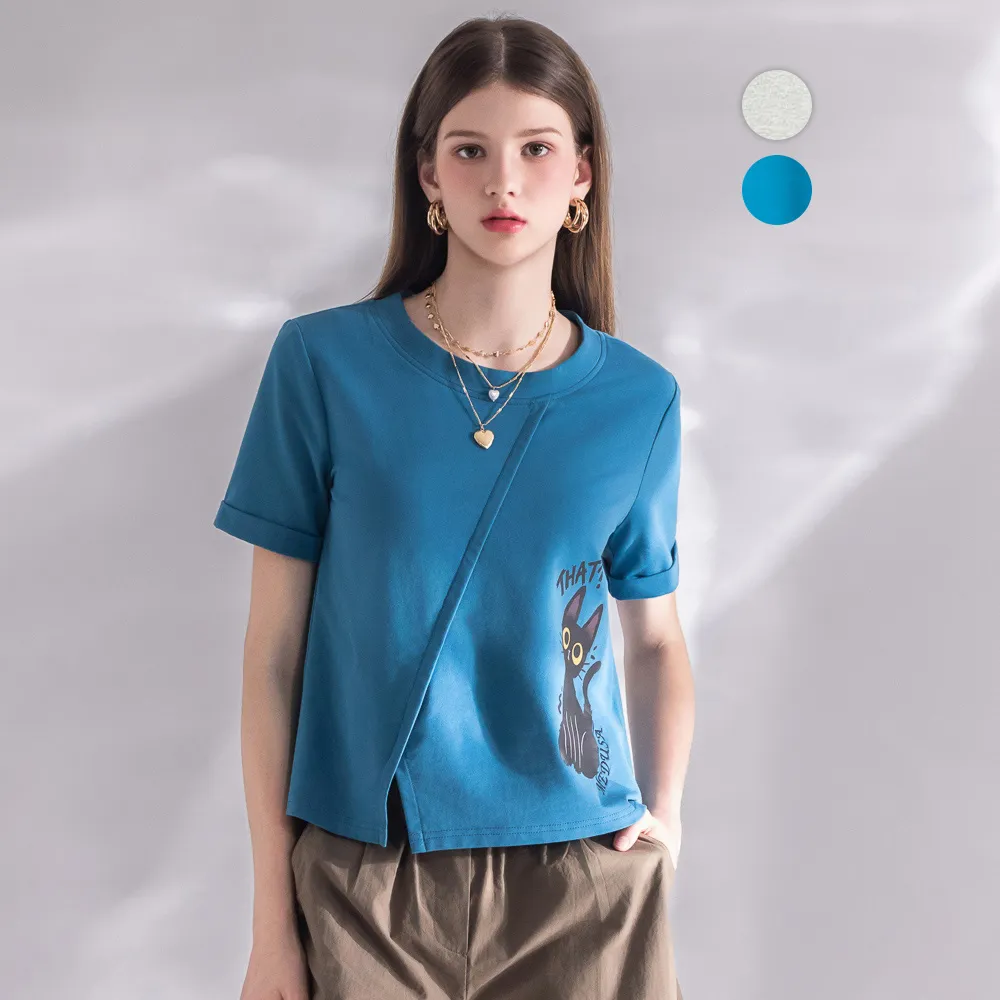 【MEDUSA 曼度莎】現貨-MEDUSA 貓咪切接休閒T恤 - 2色（M-XL）｜女短T恤 休閒穿搭 女上衣