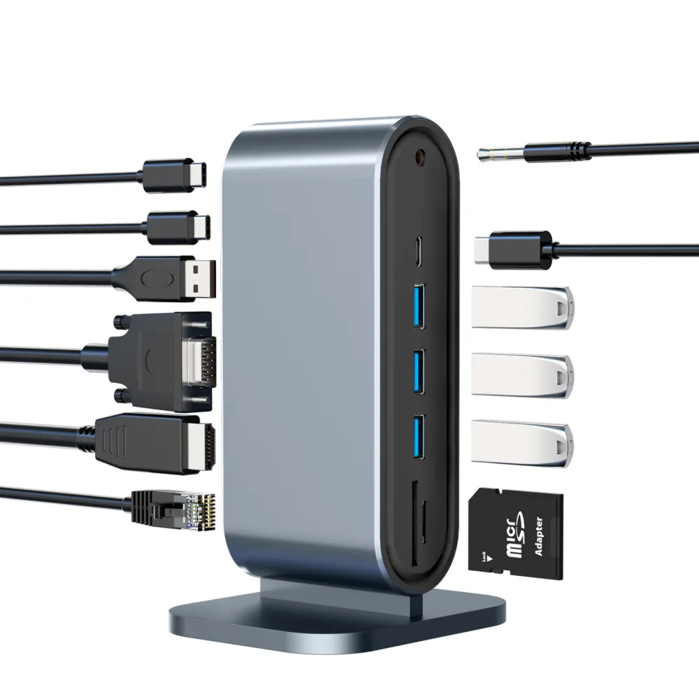 【Golf】12合1 USB C 直立款擴充 HUB 工作站(HDMI+VGA+RJ45+PD+USB A+TF+SD+AUX3.5)