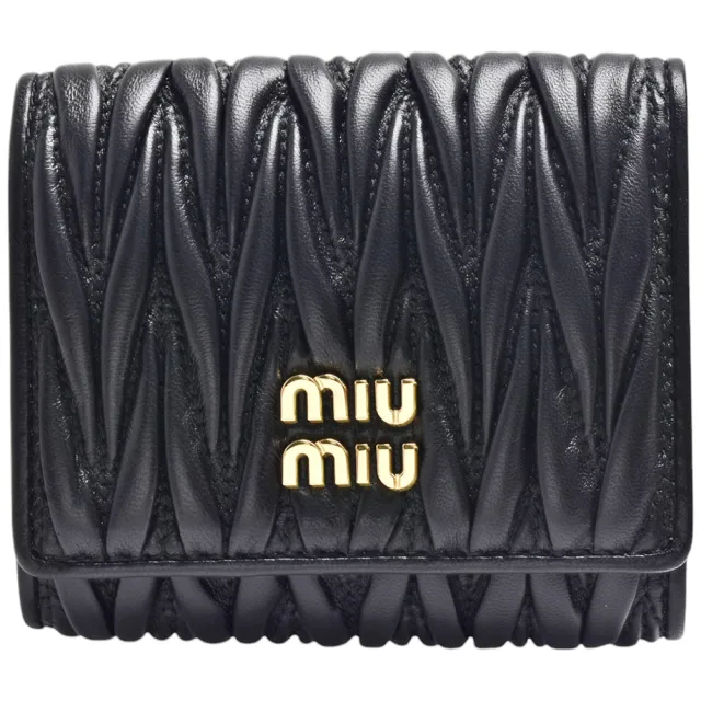 【MIU MIU】經典品牌LOGO皺褶小羊皮短夾(黑色)