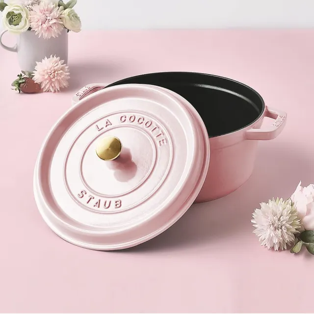 【STAUB】粉紅奶酪琺瑯鑄鐵鍋雙鍋組-圓鍋/黃銅頭24cm+飯鍋12cm(德國雙人牌集團官方直營)