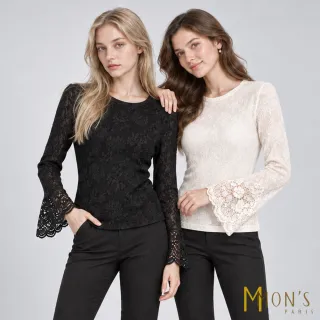 【MON’S】法式訂製蕾絲緹花喇叭袖上衣(直)