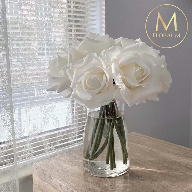 【Floral M】手感保濕安娜玫瑰優雅白仿真花材（5入組）(人造花/仿真花/假花/花藝DIY/裝飾花材)