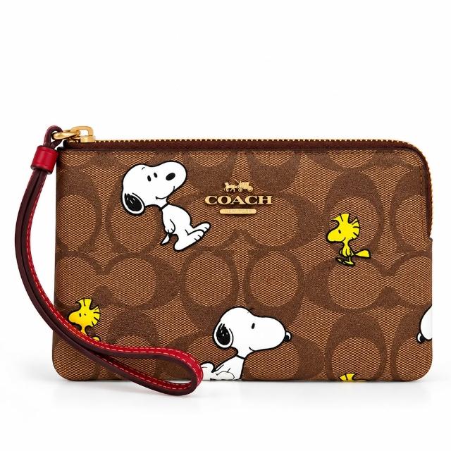 【COACH】SNOOPY 聯名款 防刮皮革 手拿包 / 短夾 / 零錢包 (卡其)