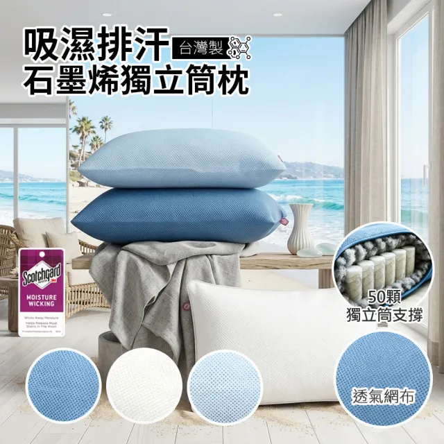 【Sleep Peacefully 寢室安居】買1送1 台灣製 3M吸濕排汗石墨烯獨立筒枕 多色任選