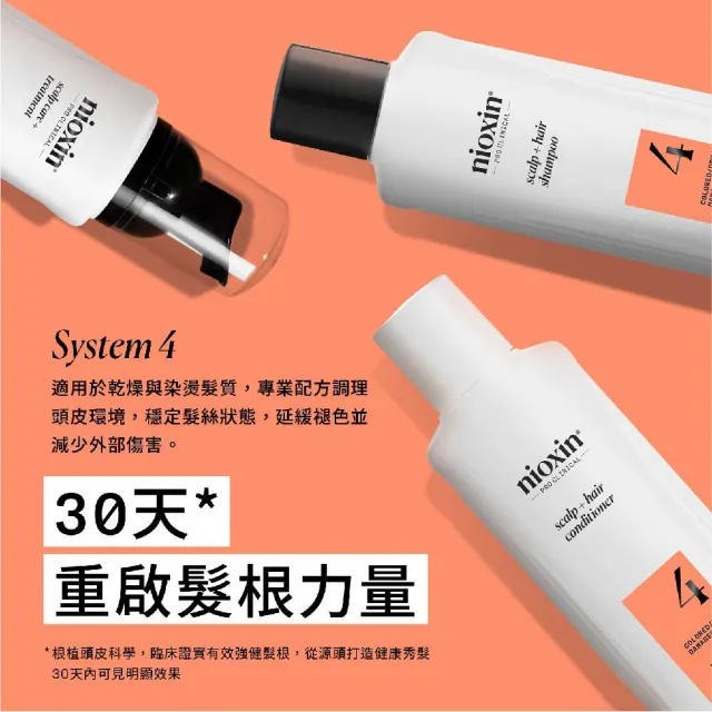 【NIOXIN 耐奧森】官方直營 染燙適用/頭皮清潔4號三件組(300ml潔髮露+300ml甦活乳+潔髮露1000ml)