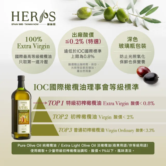 【HERAS 赫納斯】梧堤耶特級初榨冷壓橄欖油1000ml X 3瓶(可生飲/出廠酸價≦0.2%)