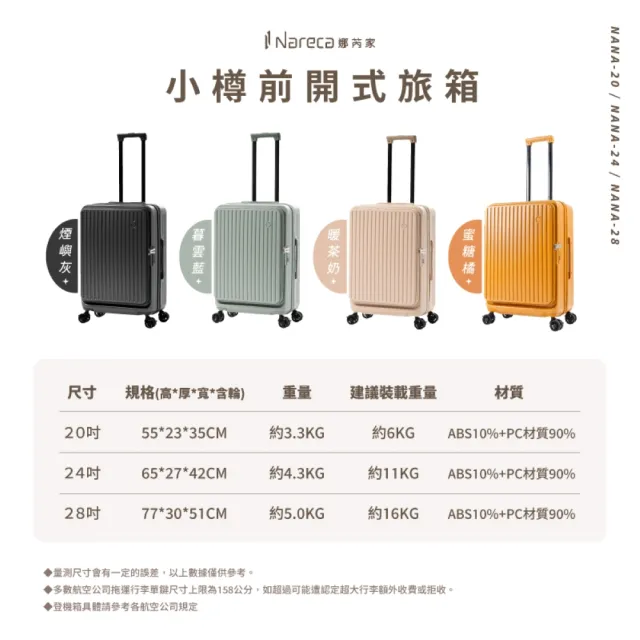 【NARECA】小樽前開式旅箱 20吋+24吋 煞車輪 掀旅箱 前開式 大容量 可擴充 行李箱 登機箱 NANA-20+24