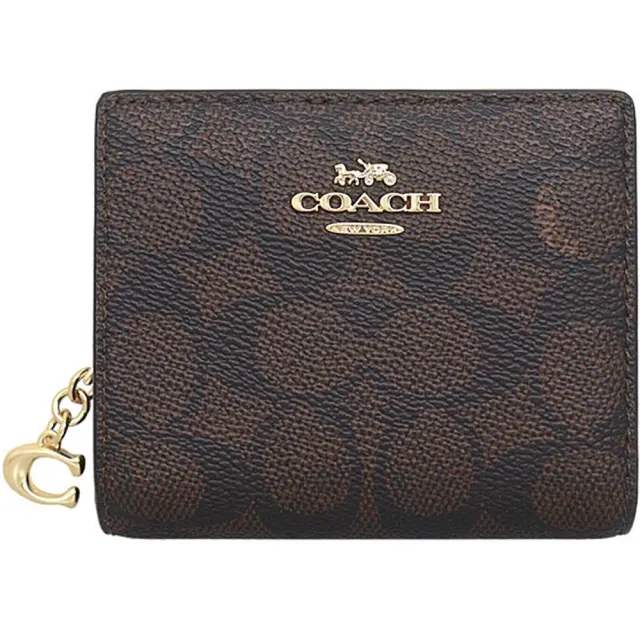 【COACH】Cx深咖啡PVC滿版LOGO / Cx黑色皮革對折式零錢包短夾(2色)