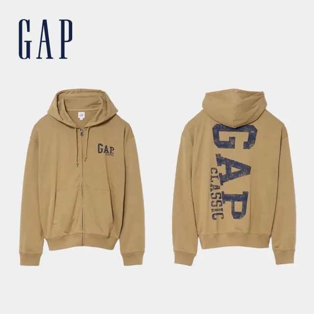 【GAP】寬鬆Gap Logo法式毛圈布拉鍊連帽外套-多色任選(907375)