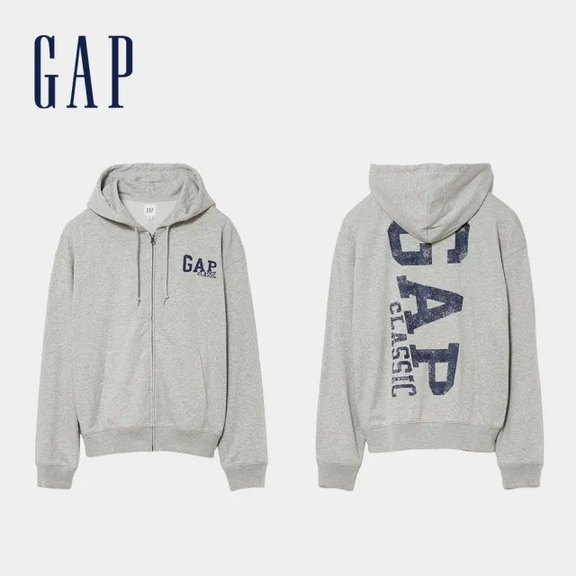 【GAP】寬鬆Gap Logo法式毛圈布拉鍊連帽外套-多色任選(907375)