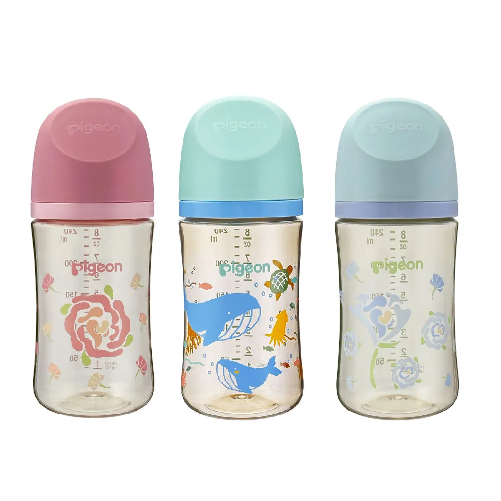 【Pigeon貝親 官方直營】第三代母乳實感PPSU奶瓶240ml(藍色康乃馨/粉色康乃馨/鯨魚遨遊)