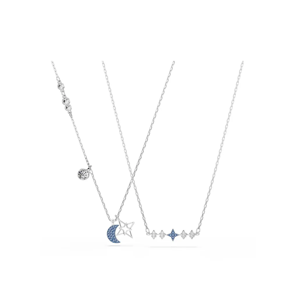 【SWAROVSKI 施華洛世奇】官方直營 Symbolica 月亮星星項鏈 圓形切割 藍色 鍍白金色 | 5754380