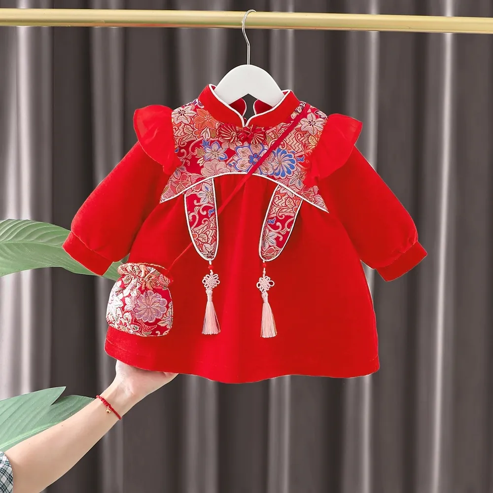 【橘魔法】日式彩花刺繡刷絨旗袍洋裝 附包包(長版上衣 連身裙 旗袍裝 拜年 過年 新年 大紅 女童 兒童 童裝)