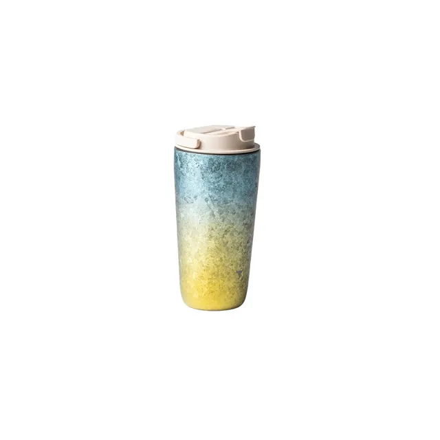 【Titanium 鈦造】純鈦跳跳杯 MiNi 晶鈦暈彩系列-月牙天青 600ml 奶昔白蓋 (鈦保溫杯 台灣鈦杯 環保杯)