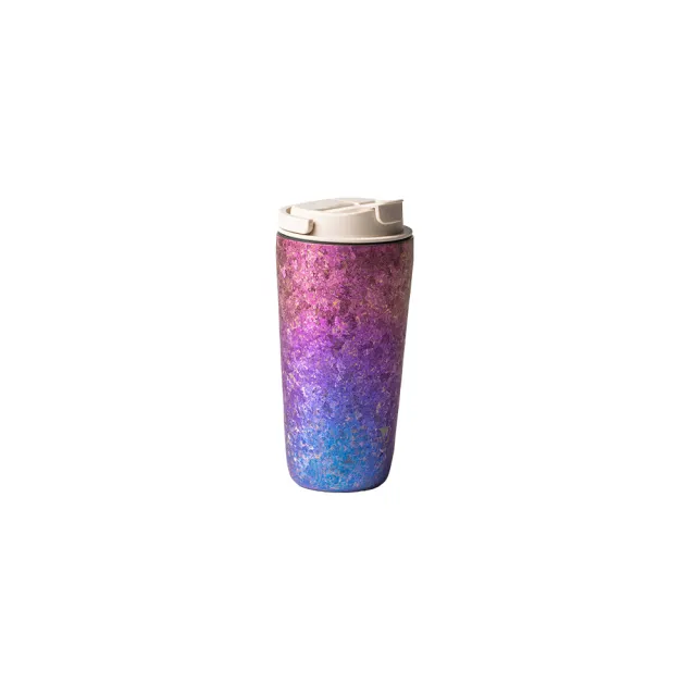 【Titanium 鈦造】純鈦跳跳杯 MiNi 晶鈦暈彩系列-蘭霞映虹 600ml 奶昔白蓋 (鈦保溫杯 台灣鈦杯 環保杯)