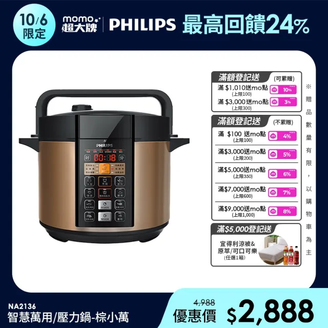 【Philips 飛利浦】智慧萬用鍋/壓力鍋_HD2136_棕小萬