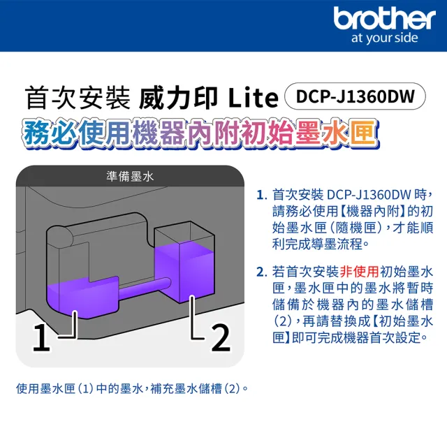 【brother】官方直營 搭1黑高容墨★DCP-J1360DW 威力印Lite三合一無線噴墨複合式印表機