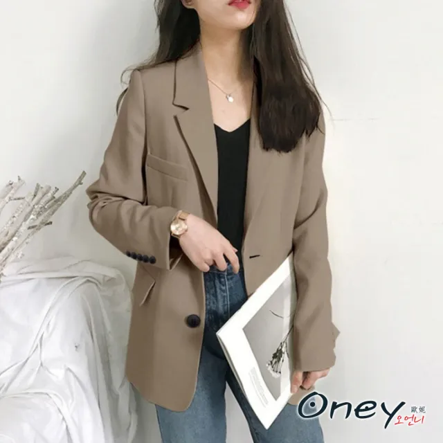 【ONEY 歐妮】★英倫風口袋外翻休閒西裝外套(薄外套/翻領/素面風衣/上班族/OL/日系/通勤)