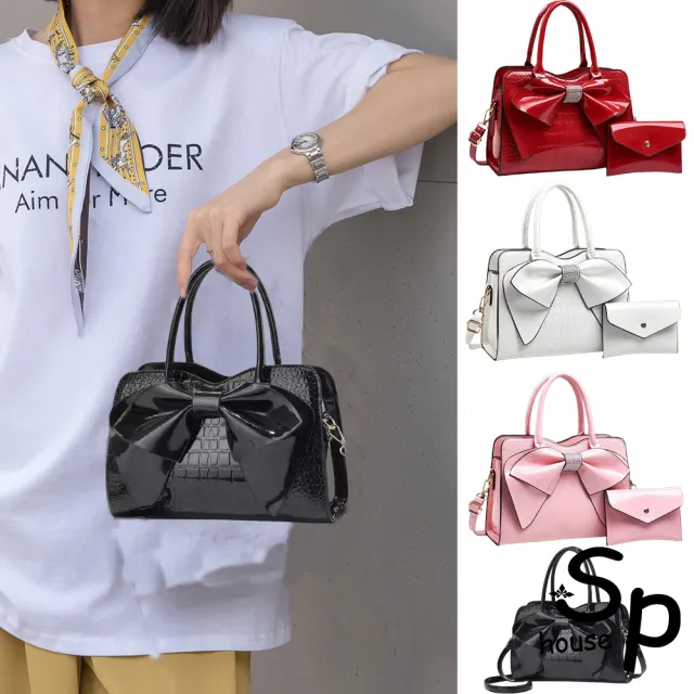 【Sp house】亮麗漆皮蝴蝶結鱷魚紋子母包 手提包 肩背包 單肩包(6色可選)