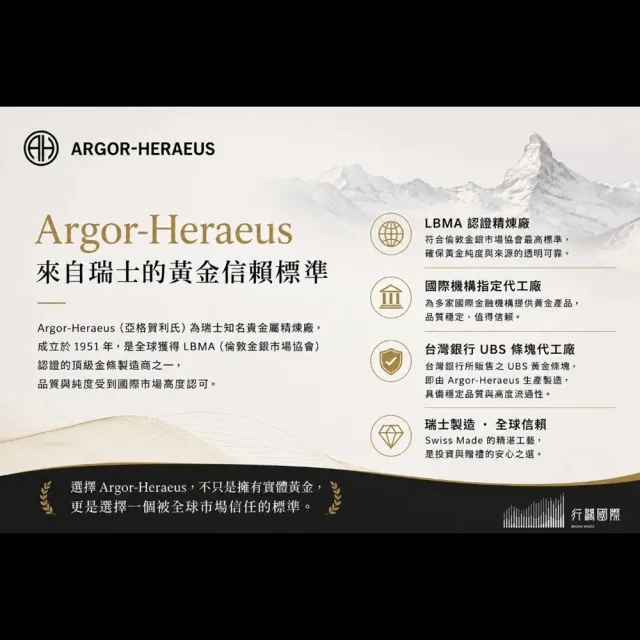 (行闊國際)1g  (0.2666錢) 瑞士 Argor heraeus 亞格賀利氏   黃金條塊(LBMA 國際認證)