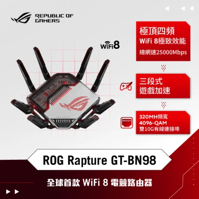 【ASUS 華碩】WiFi 8 四頻 BN25000 電競路由器/分享器(ROG Rapture GT-BN98)