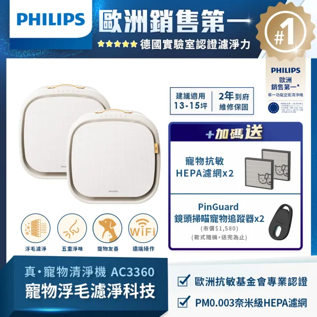 【Philips 飛利浦】毛小奈Lite 寵物空氣清淨機★適用13-15坪(AC3360/80)雙入組