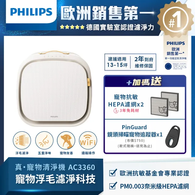 【Philips 飛利浦】三年份濾網組★毛小奈Lite 寵物空氣清淨機★適用13-15坪(AC3360/80)