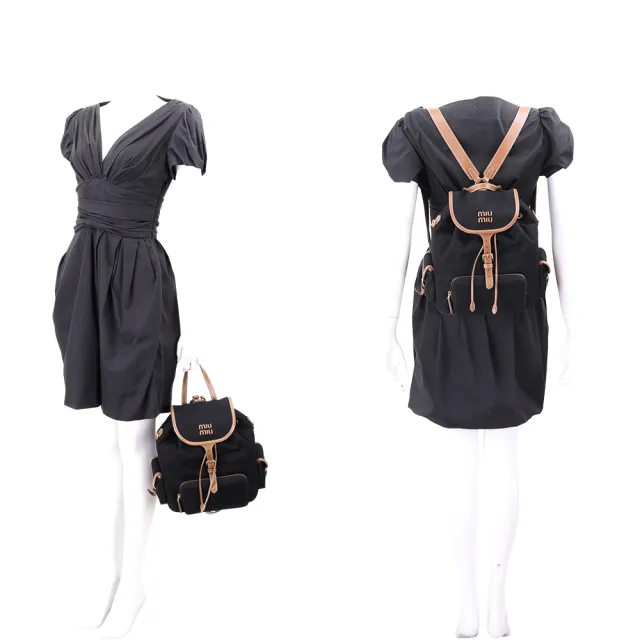 【MIU MIU】大款 明線字母 帆布x牛皮 翻蓋抽繩後背包(黑色 5BZ042 通勤包 雙肩包)