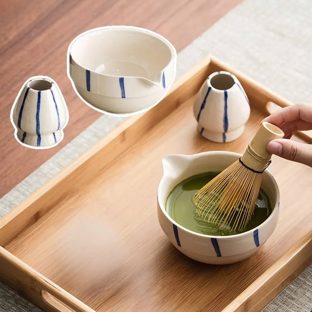 日式線條抹茶碗2件套(茶筅座茶寵茶立陶瓷碗茶具茶刷尖嘴碗茶壺茶道茶杯