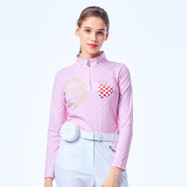 【KING GOLF】網路獨家單特-女款愛心點點印花立體貼鑽長袖立領拉鍊長袖POLO衫/高爾夫球衫-粉色
