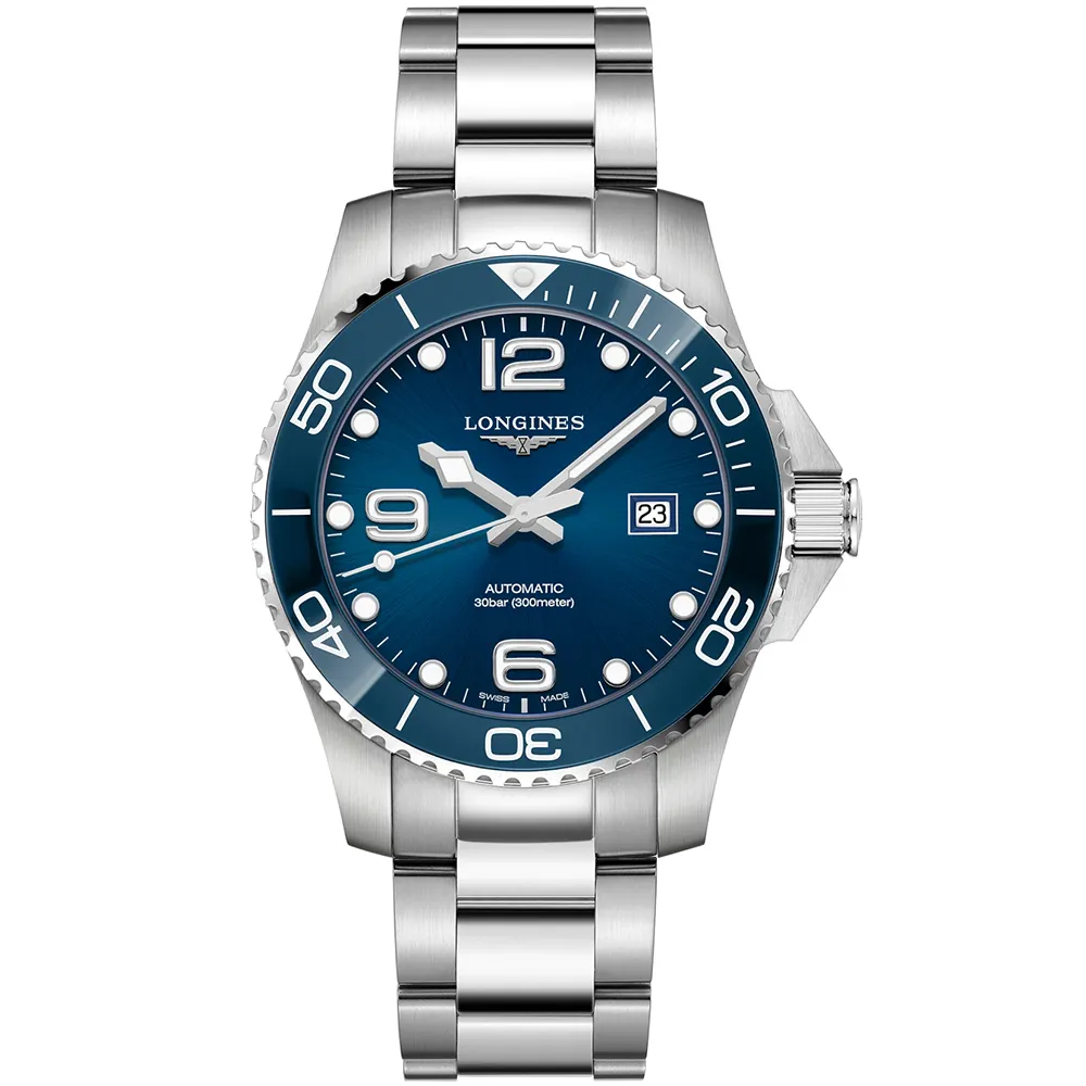 LONGINES 浪琴】藍水鬼深海征服者浪鬼陶瓷潛水機械錶-藍x銀/43mm(L3