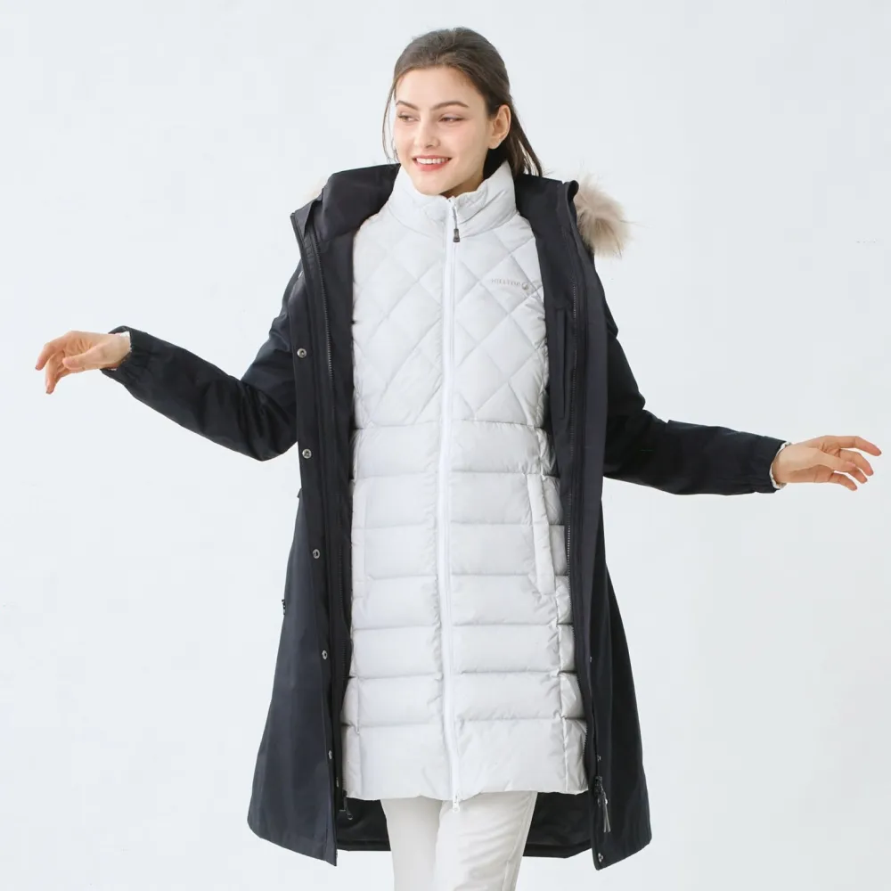 【Hilltop 山頂鳥】GORE-TEX 2L二合一 施華洛世奇防水石墨烯蓄熱羽絨長大衣外套 女款 黑｜PF21XFA6ECAB