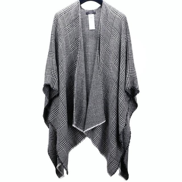 【MaxMara】WEEKEND OGNUNO 100%羊毛 千鳥紋x人字紋黑白色短流蘇圍巾披肩 斗篷(160x130CM 義大利精品)
