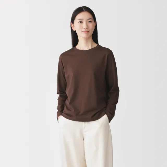 【MUJI 無印良品】女天竺圓領長袖T恤(白色/黑色/綠色/棕色/黑紋樣/磚紅紋樣/綠紋樣/灰棕紋樣)
