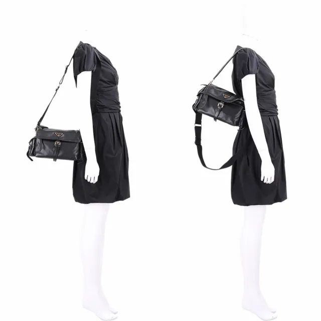 【PRADA 普拉達】Explore 羊皮款 展示品 中款 黑色三角牌雙袋翻蓋手提 肩斜背包(全新品 反面多壓痕)
