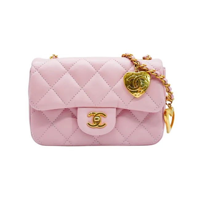 【CHANEL 香奈兒】羊皮霧金金屬愛心鍊帶迷你斜背口蓋包(AS3456-淡粉)
