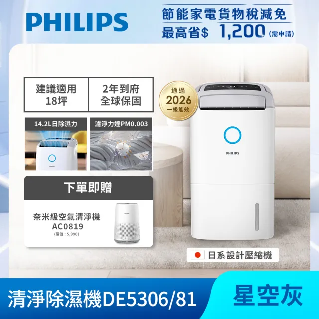 【Philips 飛利浦】乾爽清淨雙效組★DE5306/81除濕機+AC0819清淨機