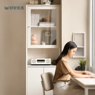 【hoi! 好好生活】特別訂購★YW百安卡奶油風橡膠木實木雙門收納櫃+左開玻璃上座0.6M Y246Y02