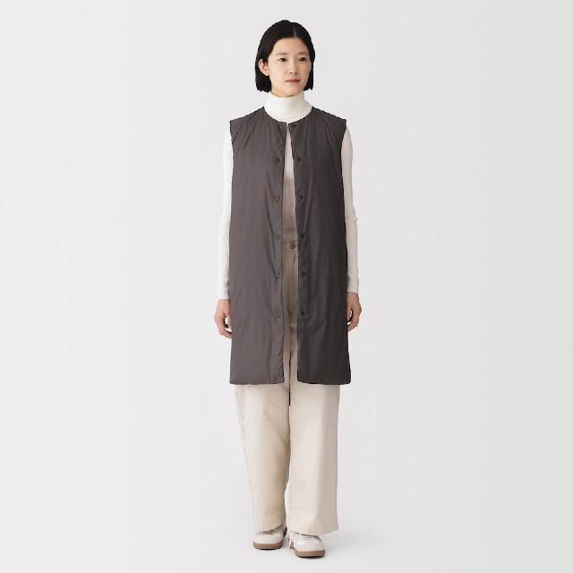 【MUJI 無印良品】女輕量羽絨可攜式無領長版背心(灰白/墨灰/黑色)